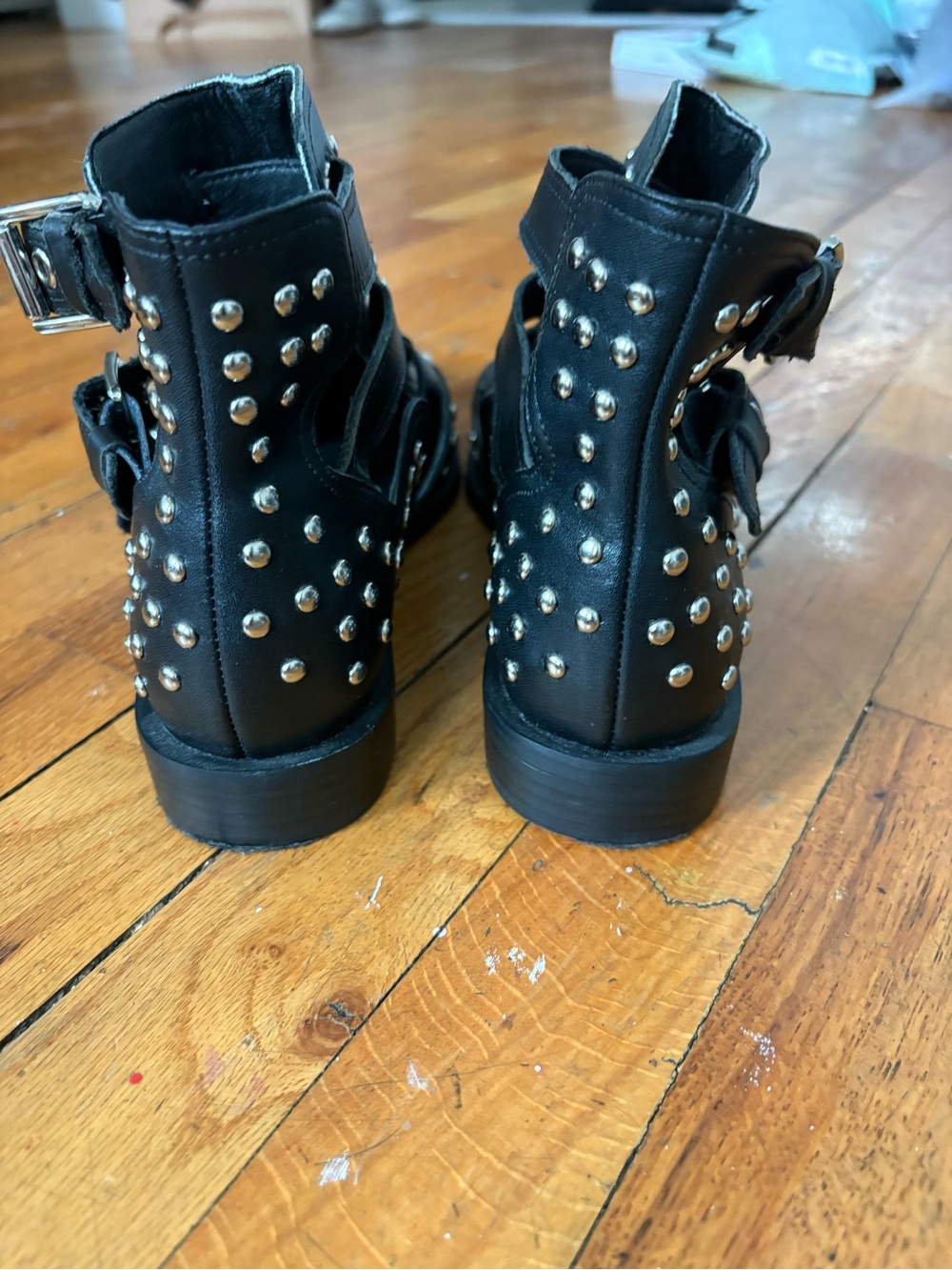 Studded Black Leather Pointed Toe Buckle Boots - Picture 4 of 6